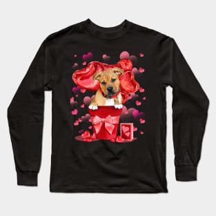 Pitbull Boxer Mix In Red Pot Happy Valentine's Day Long Sleeve T-Shirt